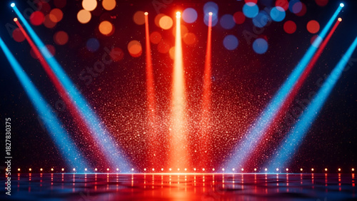 Empty Stage Floor Illuminated by Red and Blue Spotlights with Sparkling Particles and Bokeh Lights for Happy New Year 2026 Merry Christmas Eve Special Offer Exclusive Super Unlimited Festival Big Deal