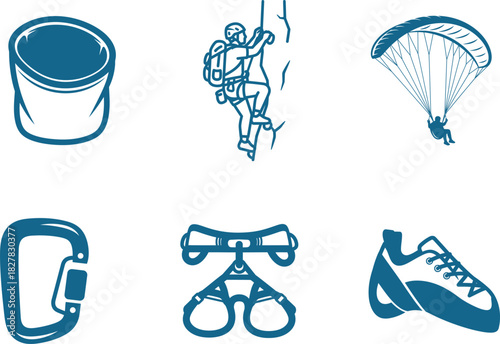 Climbing and Adventure Icons Featuring Gear and Activities like Rock Climbing and Paragliding 