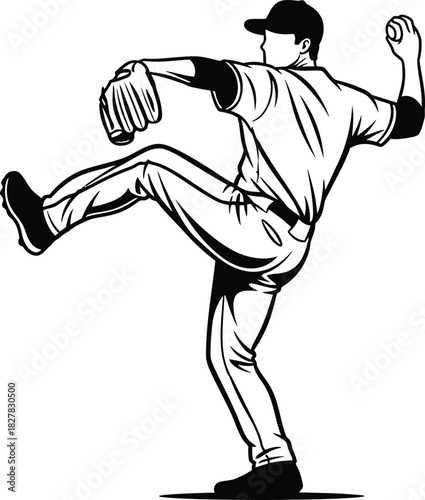 A classic black and white illustration of a baseball pitcher in mid-throw, capturing the intensity of the sport and athletic motion
