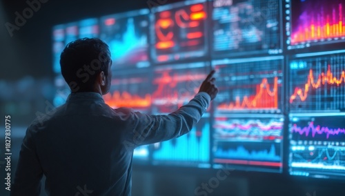 A man points at a large wall of colorful financial charts and data visualizations