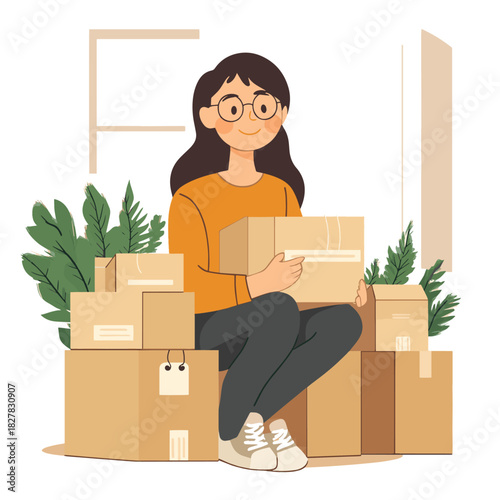 Happy person unboxing sale packages - Perfect for shopping blogs, consumer lifestyle, or delivery services.  , vector style simple color