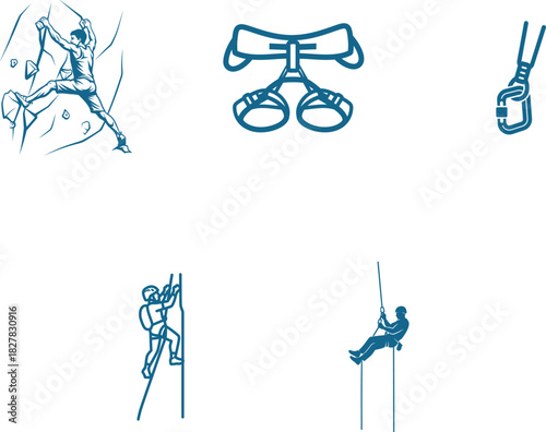 Rock Climbing and Mountaineering Adventure Icons Featuring Climbers Rappelling Gear and Equipment