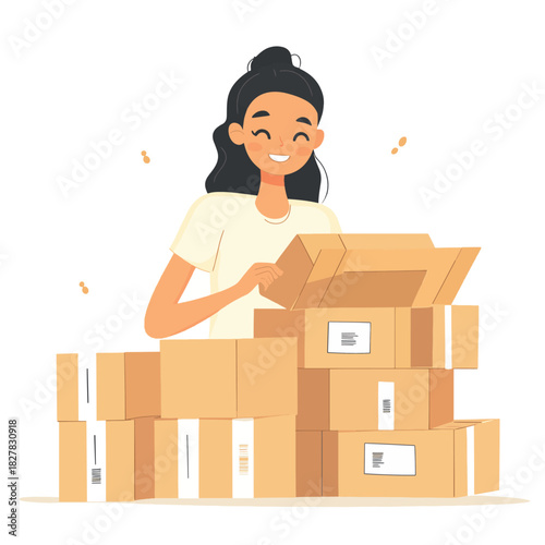 Happy person unboxing sale packages - Perfect for shopping blogs, consumer lifestyle, or delivery services.  , vector style simple color