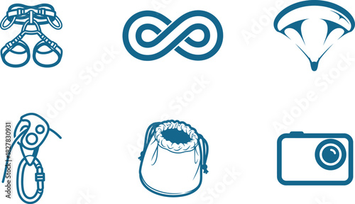 Collection of outdoor adventure gear icons featuring climbing harness infinity symbol parachute