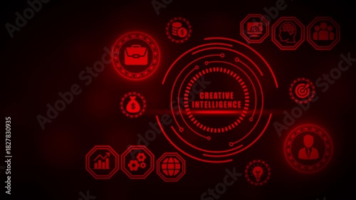 Red digital concept of creative intelligence with glowing icons and futuristic interface on dark red background