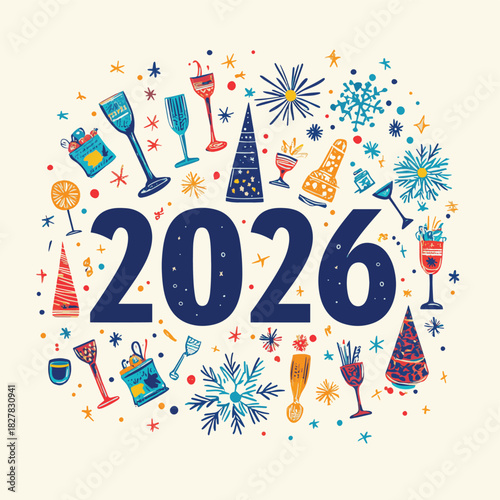 Party icons forming 2026 digits - Perfect for New Year invitations or birthday greetings.  , vector style simple color
