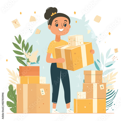 Happy person unboxing sale packages - Perfect for shopping blogs, consumer lifestyle, or delivery services.  , vector style simple color