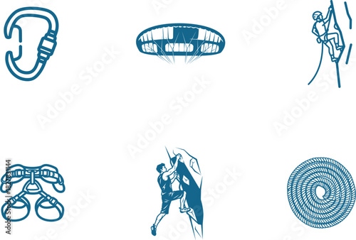 Rock Climbing and Outdoor Adventure Icons Featuring Climbers Paragliding Gear and Safety Equipment with Ropes and Carabiners for Extreme Sports Enthusiasts