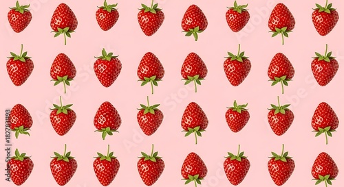 Ripe red strawberries arranged in a repeating pattern on a soft pink background.
