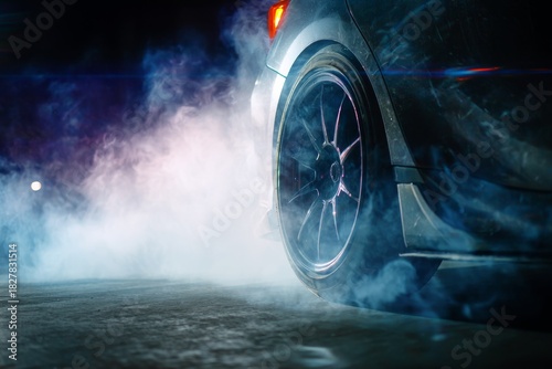 Close-up of performance car wheel spinning rapidly creating dense blue tire smoke during burnout or drifting on dark race track