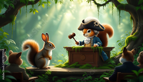 A whimsical cartoon illustration depicting a squirrel dressed as a judge, holding a gavel, presiding over a small rabbit with court audience in a forest setting.