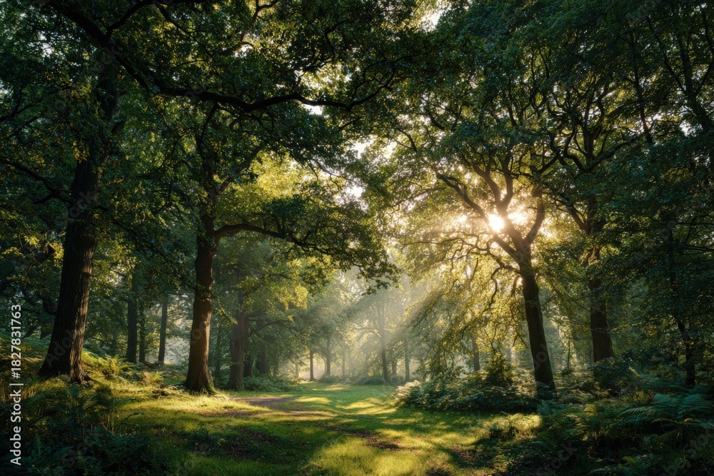 Obraz premium Sunbeams filter through a lush, green forest canopy onto a path