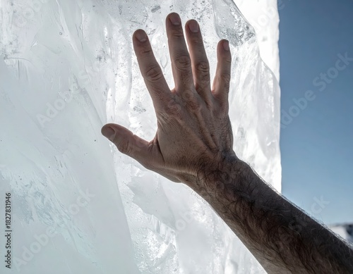 Human hand gently touching a massive translucent ice block under a bright blue sky