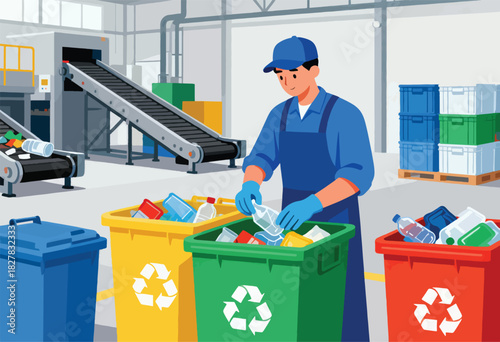 A worker sorts plastic bottles from recycling bins. Conveyor belts and containers fill the clean, bright interior