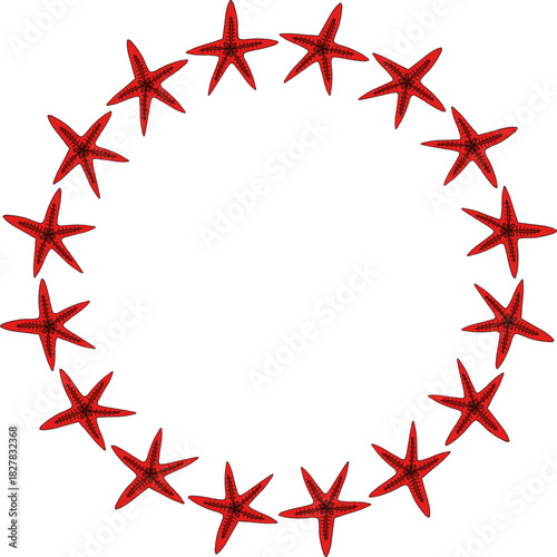 Round frame with wonderful red starfish on a white background. vector image..eps