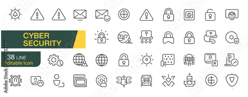 Cyber Security Icons: a comprehensive set of meticulously crafted line icons representing various aspects of digital safety and data protection.