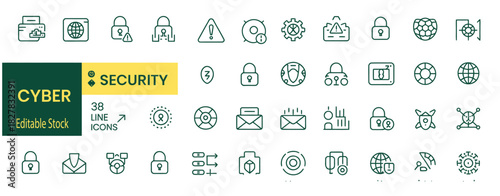 Cyber Security Icons: A comprehensive set of modern line icons symbolizing various aspects of cybersecurity and digital protection, suitable for diverse technological applications.