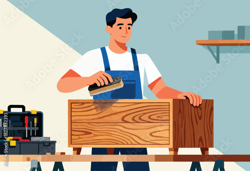 A man in overalls polishes a wooden box in a workshop, tools at hand. Stylized graphic illustration