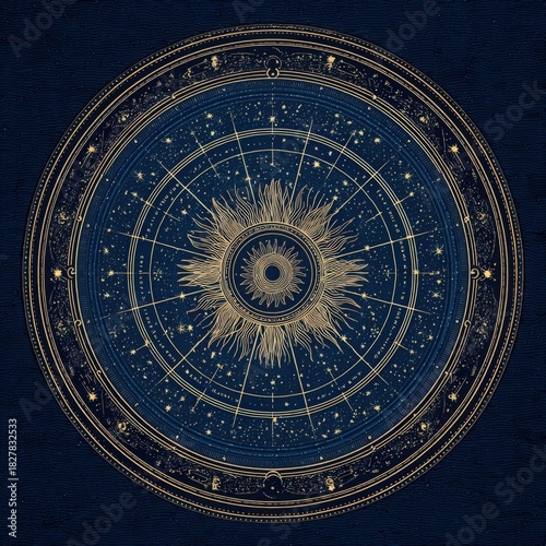 Intricate celestial clockwork chart with radiant sun and starry constellations on deep blue