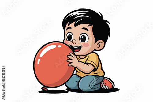A cartoon child with black hair and a yellow shirt sits hugging a red balloon, looking happy. The background is white