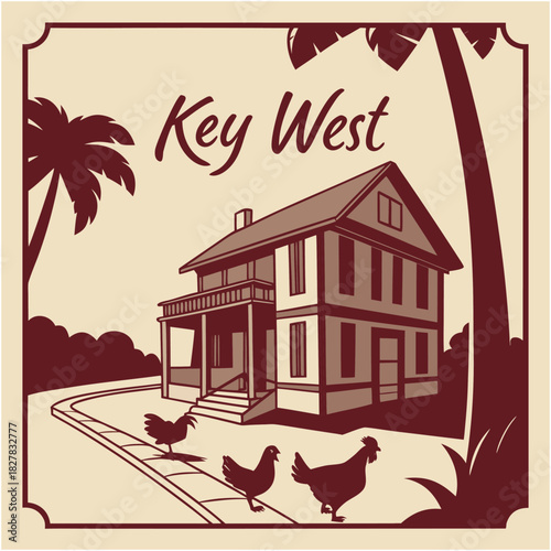 Key West Classic House with Roosters – Vintage Coastal Scene