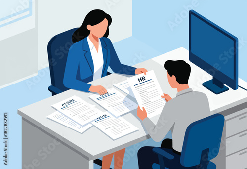 Illustration shows two people at a desk. One is an HR representative reviewing resumes with a candidate. A computer sits near them