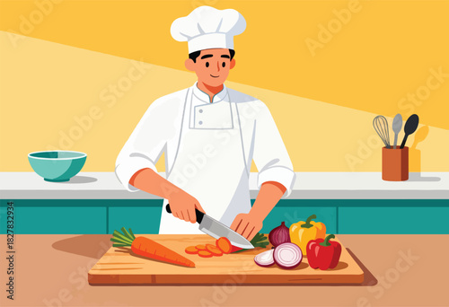 A chef in a white uniform is slicing vegetables on a wooden cutting board, kitchen tools nearby