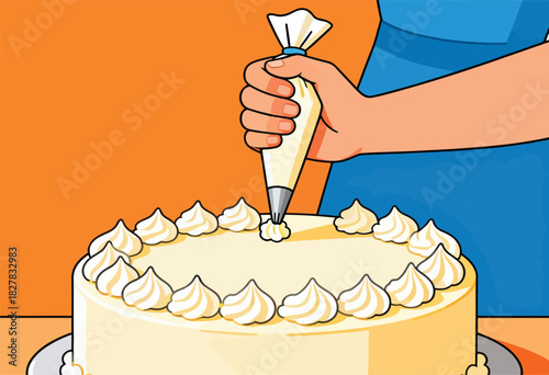 A person in a blue apron decorates a cake with a piping bag, adding buttercream swirls around the edge