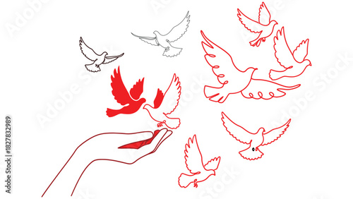 A hand releasing red and white doves, symbolizing peace and freedom in flight.