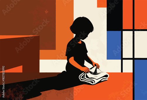 A child's silhouette folds a white cloth, set against an abstract geometric background of colors