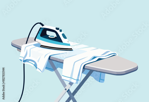 A blue and white iron sits on a board ironing a white shirt on a light blue background
