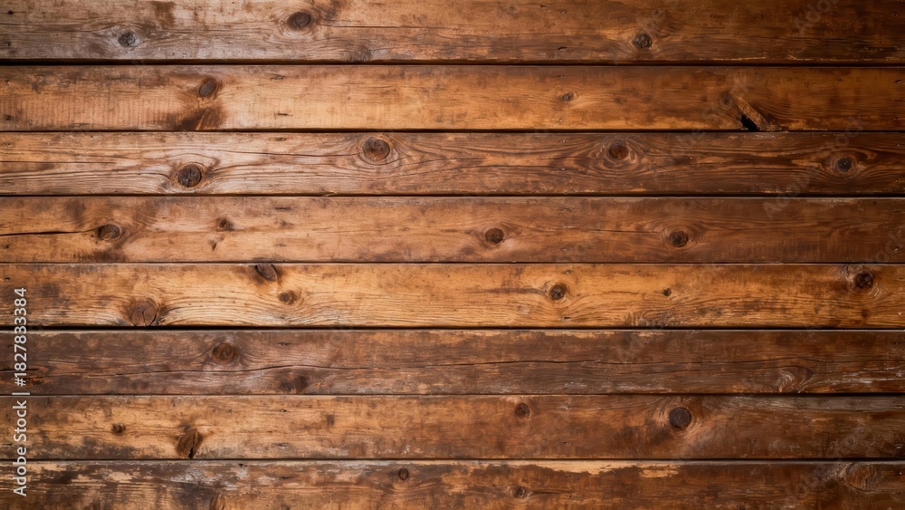 Fototapeta premium Horizontal rustic wooden planks create a richly textured, warm brown background surface.