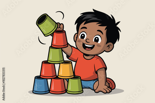 A cartoon child is stacking colorful cups, grinning as they add another cup to the tower. Illustration style