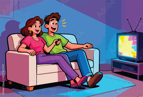 Cartoon couple on a couch watching TV. The man holds a remote. Retro style with vibrant colors and shadows