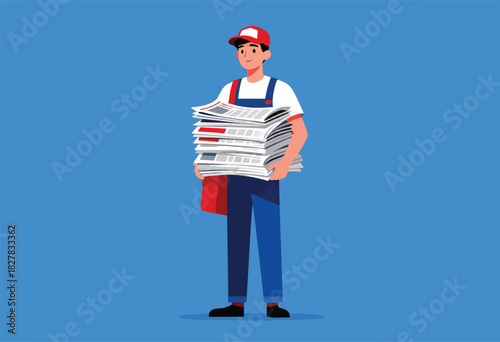 A smiling newspaper delivery person in a red cap and bib overalls, carrying a stack of newspapers, on blue background