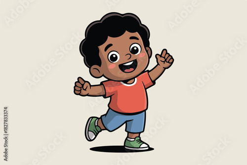 A joyful cartoon illustration of a young, dark-skinned boy with an excited expression and lifted arms