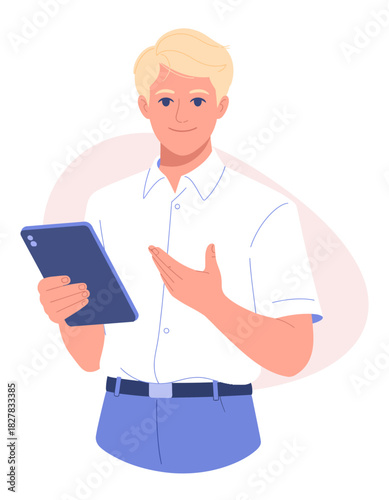 A young man holding a tablet and gesturing expressively, showcasing a modern professional setting and the interactive nature of technology in communication and engagement.