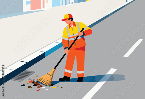 A street cleaner in orange uniform uses a broom to sweep litter near a drain on a city street