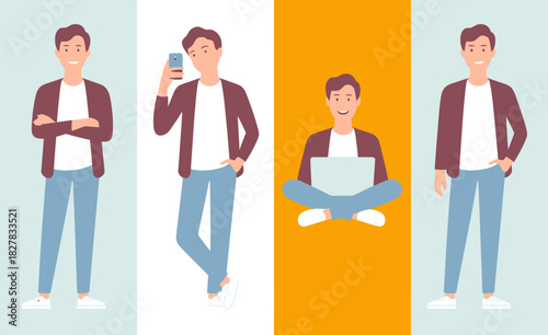A young man poses casually in four different styles, showcasing modern interactions with his smartphone and laptop, emphasizing the digital lifestyle of today's youth.