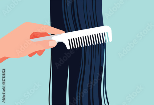Illustration of a hand with comb running through dark, smooth hair. Clean lines, simple design. Soft, teal background