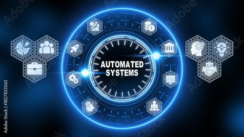 Automated Systems concept with glowing blue neon circle and hexagonal icons automation technology