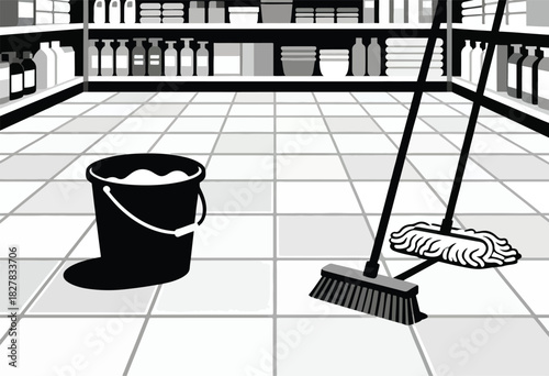 Monochromatic illustration of a store interior with shelves of products, a bucket, and a mop and broom, suggesting cleaning
