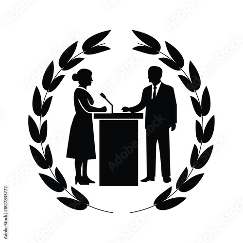 Black silhouette of a man and woman at a podium with a microphone, surrounded by a laurel wreath