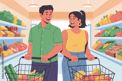 A couple smiles while grocery shopping in a colorful, modern supermarket, filling their carts with fresh produce