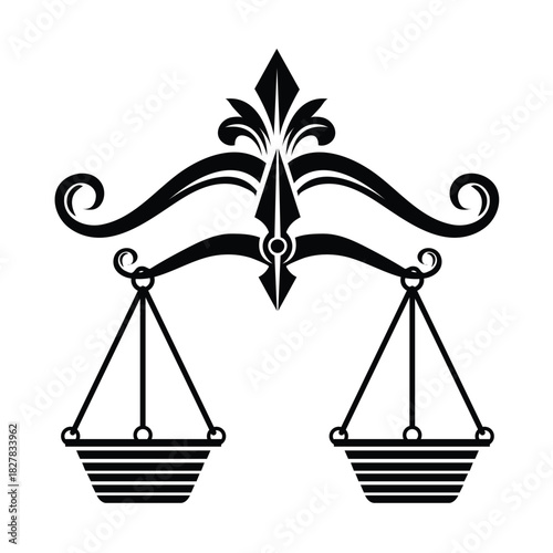 Ornate vintage illustration of the libra zodiac symbol or scales of justice with decorative flourish