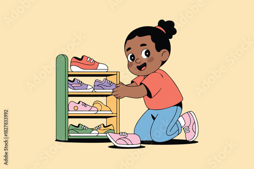 Illustration of a young child smiling and reaching toward shoe rack filled with colorful sneakers
