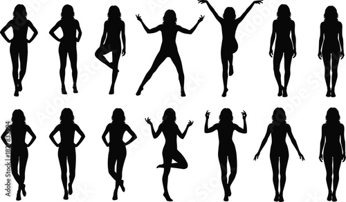 Set of Dynamic Female Silhouettes Vector Collection, Woman Posing, Dancing, Fitness, Celebrating, Energetic Movement, Active Lifestyle, and Full Body Poses Isolated on White.