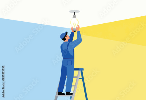 A blue-suited electrician, on a ladder, installs a glowing lightbulb in a room with yellow and blue walls