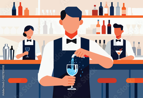 A vector illustration of a bar with three bartenders. One pours water into a glass. Bottles line the shelves