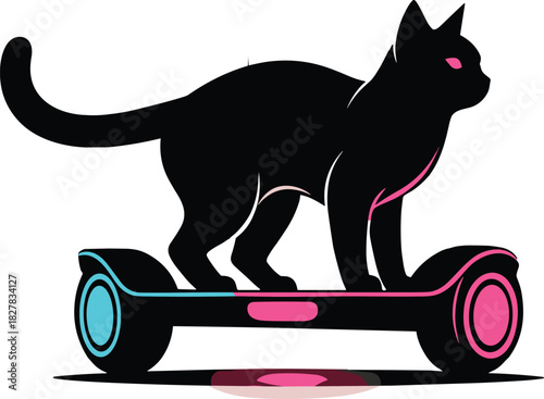 Cartoon black cat silhouette standing on hoverboard with cyan and pink highlights, futuristic pet technology illustration, modern digital vector artwork